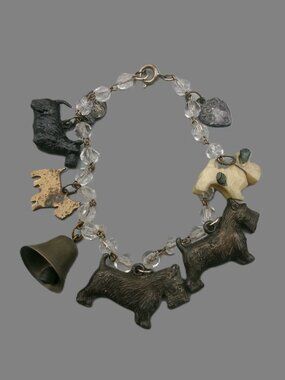 Vintage Scottie Terrier Charm Bracelet, Celluloid, Brass, Metal on Beaded Chain